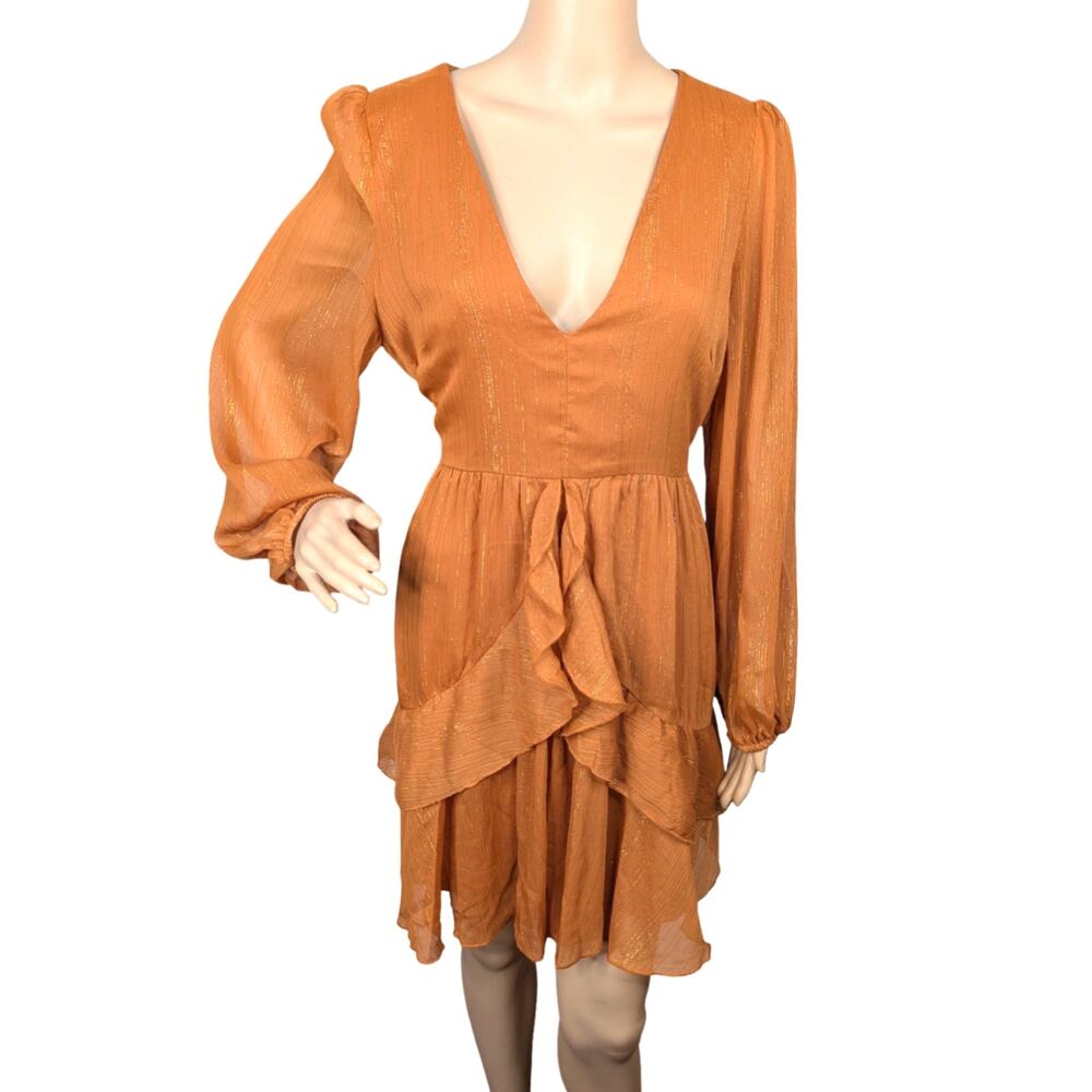 Showpo Burnt Orange Gold Metallic Stripe Chiffon Puff Sleeve Dress 12 US AU 16